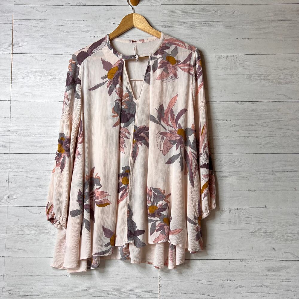 Free People Dress Womens Size XS Pink Floral Tree Swing Tunic Puff Sleeves